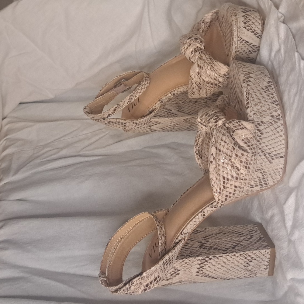 Vici Beige Snake-Print Platform Heels